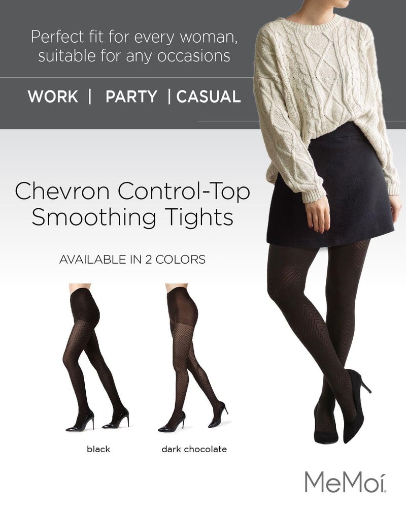 MeMoi Chevron Control Top Tights, Medium-Weight Smoothing Tummy Control Tights, 60 Denier - Sizes Small to Queen 2, Black, Large/X-Large - Image 2